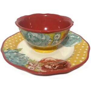 Pioneer Woman Blossom Jubilee Matching Plate and Footed Bowl Set of 2 Red Yellow